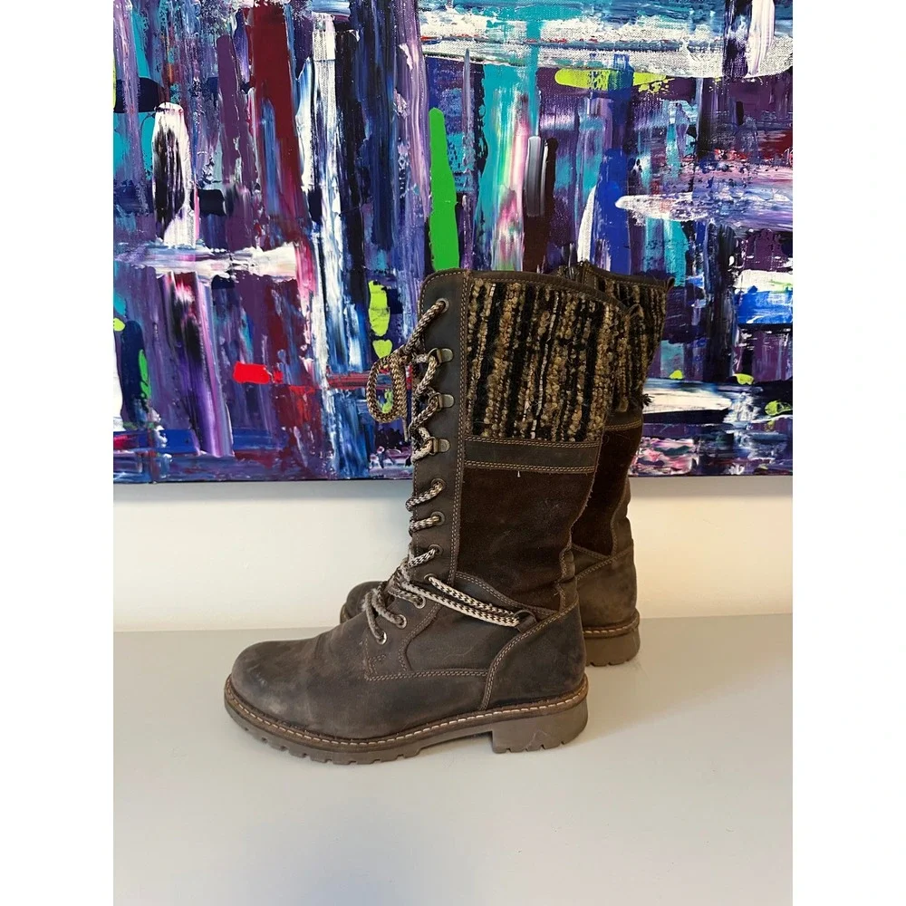 Bos & Co Brown Leather Knit Trim Lug Sole Winter Boots | Size 38 / 7.5